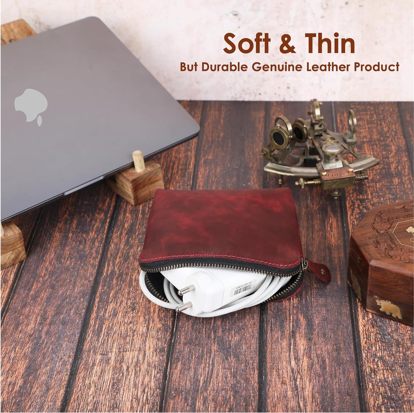 Genuine Leather Cosmetic Case for Women Handmade (Wine Red) Small Makeup Bag for Purse Zipper Pouch - Makeup Essentials Organiser Mini Cosmetic Bag for Purse, Cosmetic Case Makeup Holder Bag