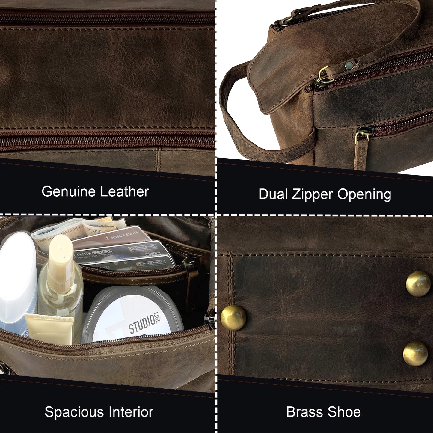 Leather Toiletry Bag for Men Women Travel Dopp Kit Bathroom Shower Hygiene Bag Makeup Cosmetic Organizer Gift for Him Her by , Dark Brown