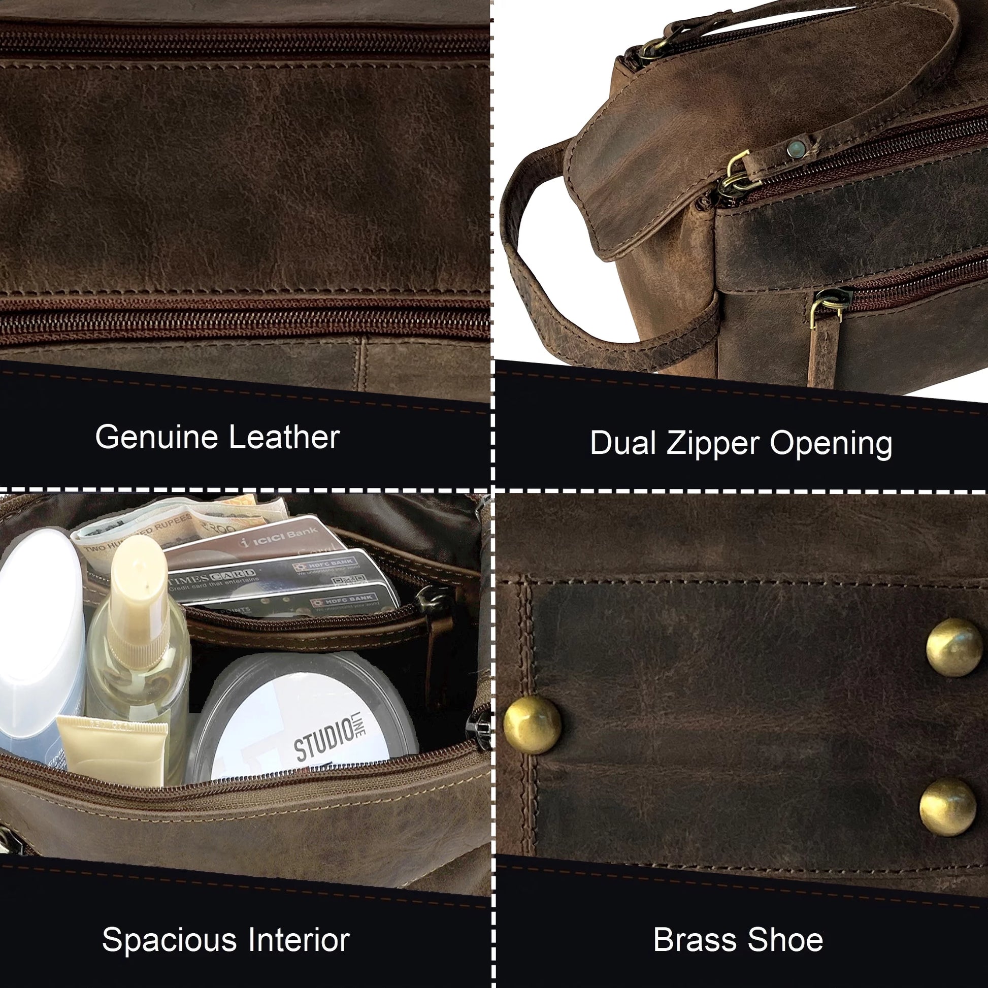 Leather Toiletry Bag for Men Women Travel Dopp Kit Bathroom Shower Hygiene Bag Makeup Cosmetic Organizer Gift for Him Her by , Dark Brown