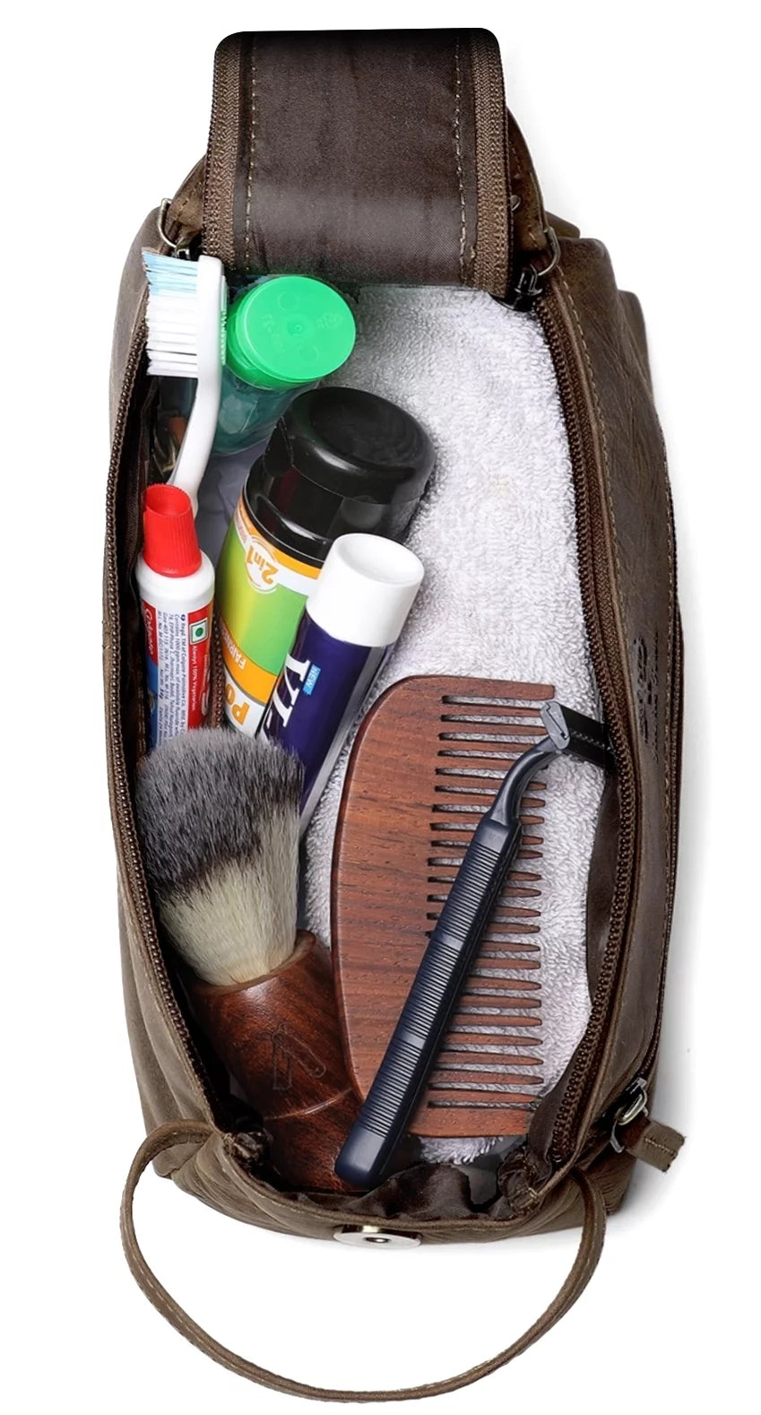 Leather Toiletry Bag for Men Women Travel Dopp Kit Bathroom Shower Hygiene Bag Makeup Cosmetic Organizer Gift for Him Her by , Dark Brown