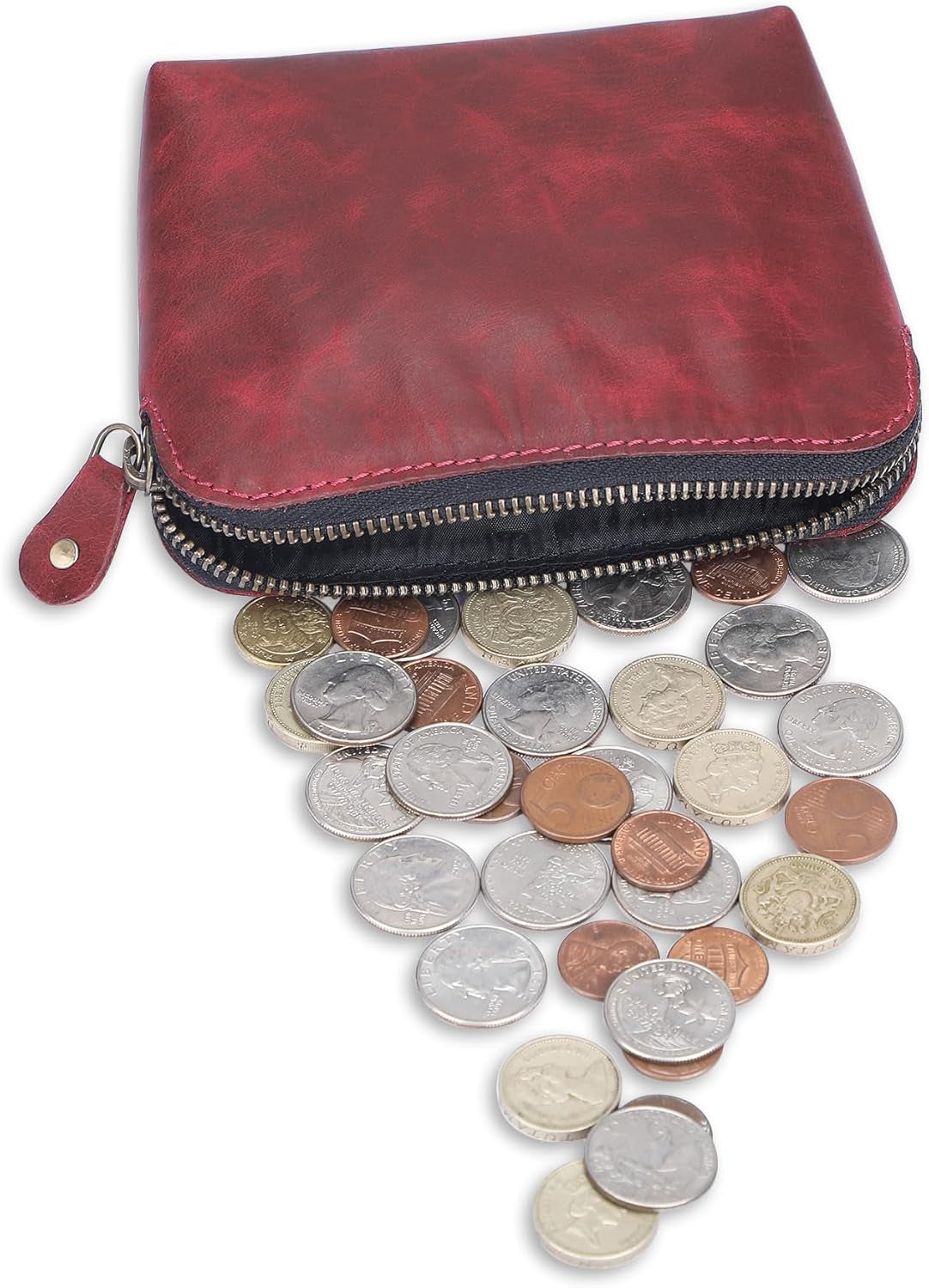 Genuine Leather Cosmetic Case for Women Handmade (Wine Red) Small Makeup Bag for Purse Zipper Pouch - Makeup Essentials Organiser Mini Cosmetic Bag for Purse, Cosmetic Case Makeup Holder Bag