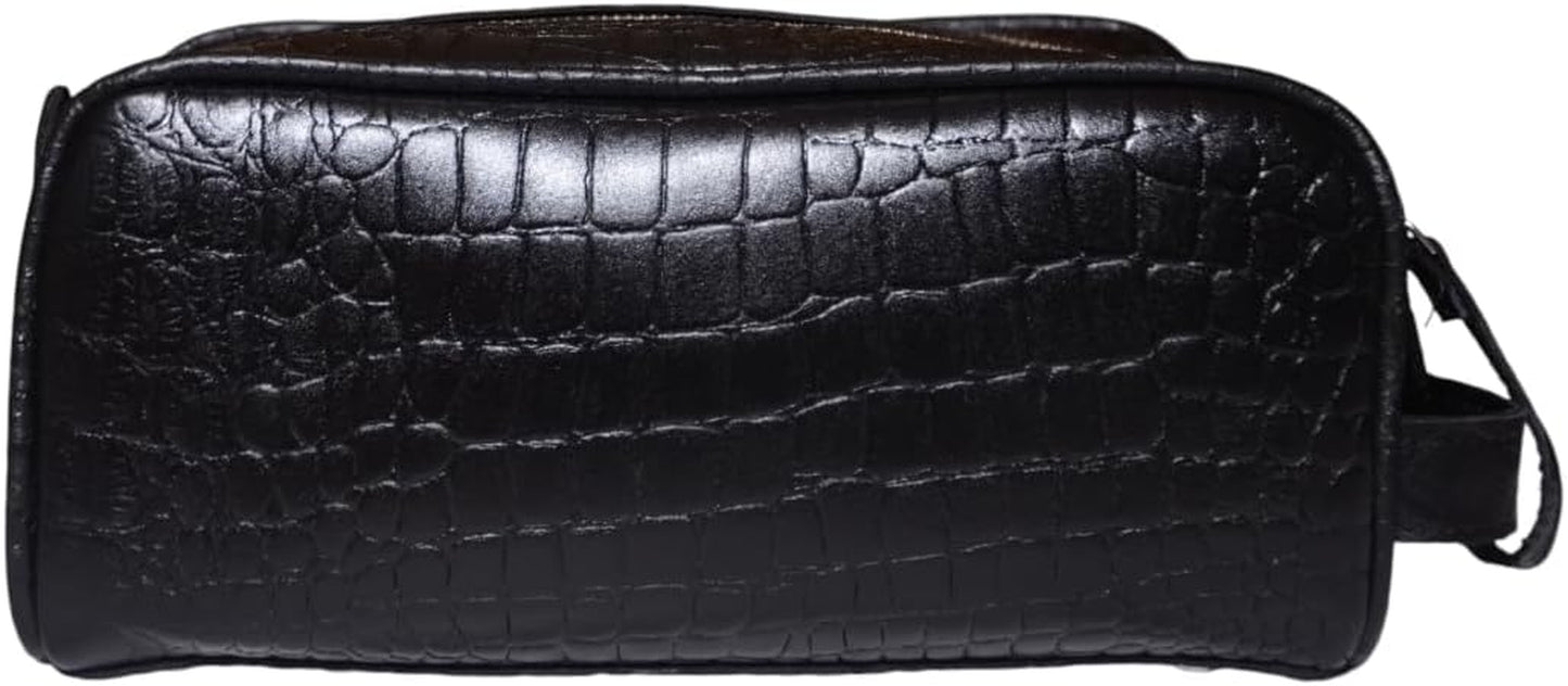 Premium Buffalo Leather Unisex Toiletry Bag Travel Dopp Kit (King Size )Shaving Kit Accessories :Shaving Brush Case , Razor Protective Travel Case ( Combo of 4 Items) (Crocodile Print) (Croco Black)
