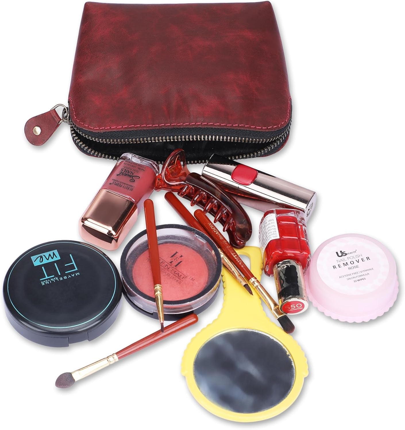Genuine Leather Cosmetic Case for Women Handmade (Wine Red) Small Makeup Bag for Purse Zipper Pouch - Makeup Essentials Organiser Mini Cosmetic Bag for Purse, Cosmetic Case Makeup Holder Bag