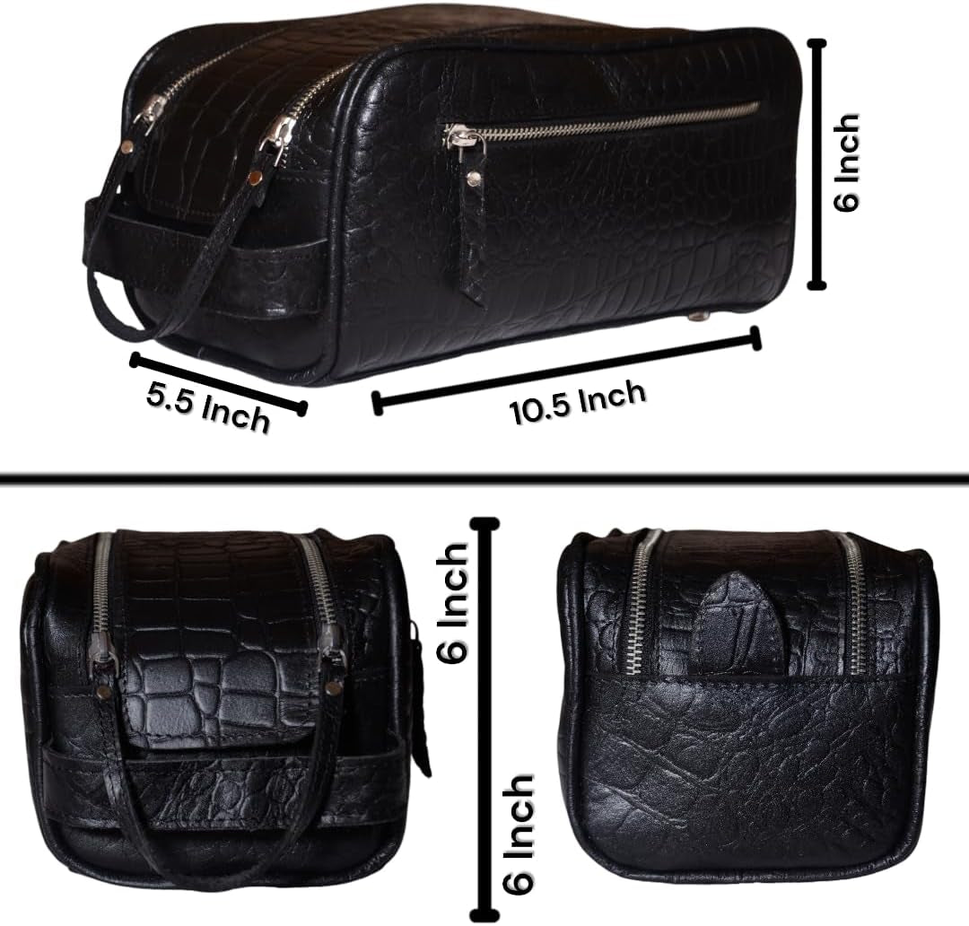 Premium Buffalo Leather Unisex Toiletry Bag Travel Dopp Kit (King Size )Shaving Kit Accessories :Shaving Brush Case , Razor Protective Travel Case ( Combo of 4 Items) (Crocodile Print) (Croco Black)