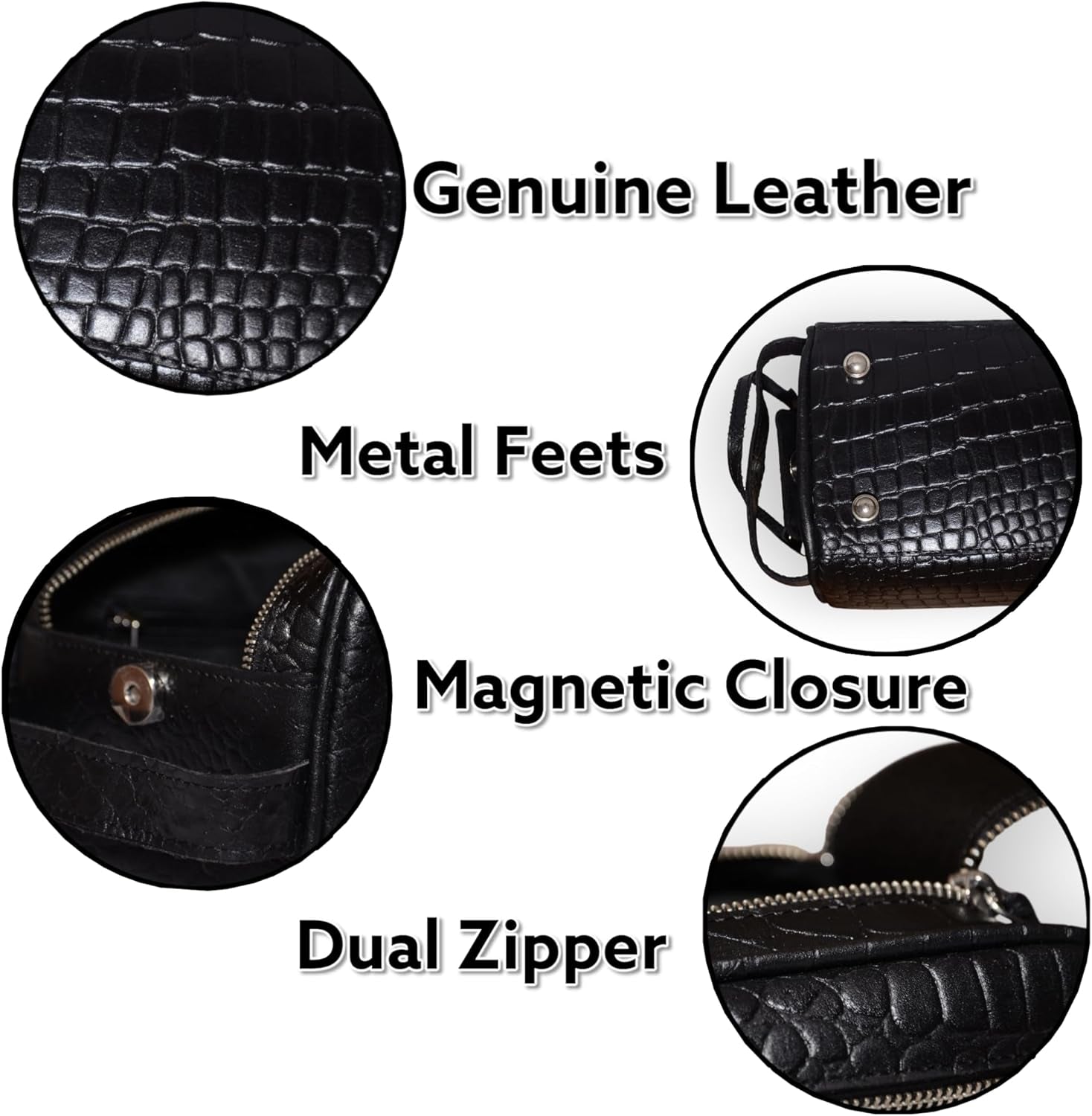 Premium Buffalo Leather Unisex Toiletry Bag Travel Dopp Kit (King Size )Shaving Kit Accessories :Shaving Brush Case , Razor Protective Travel Case ( Combo of 4 Items) (Crocodile Print) (Croco Black)