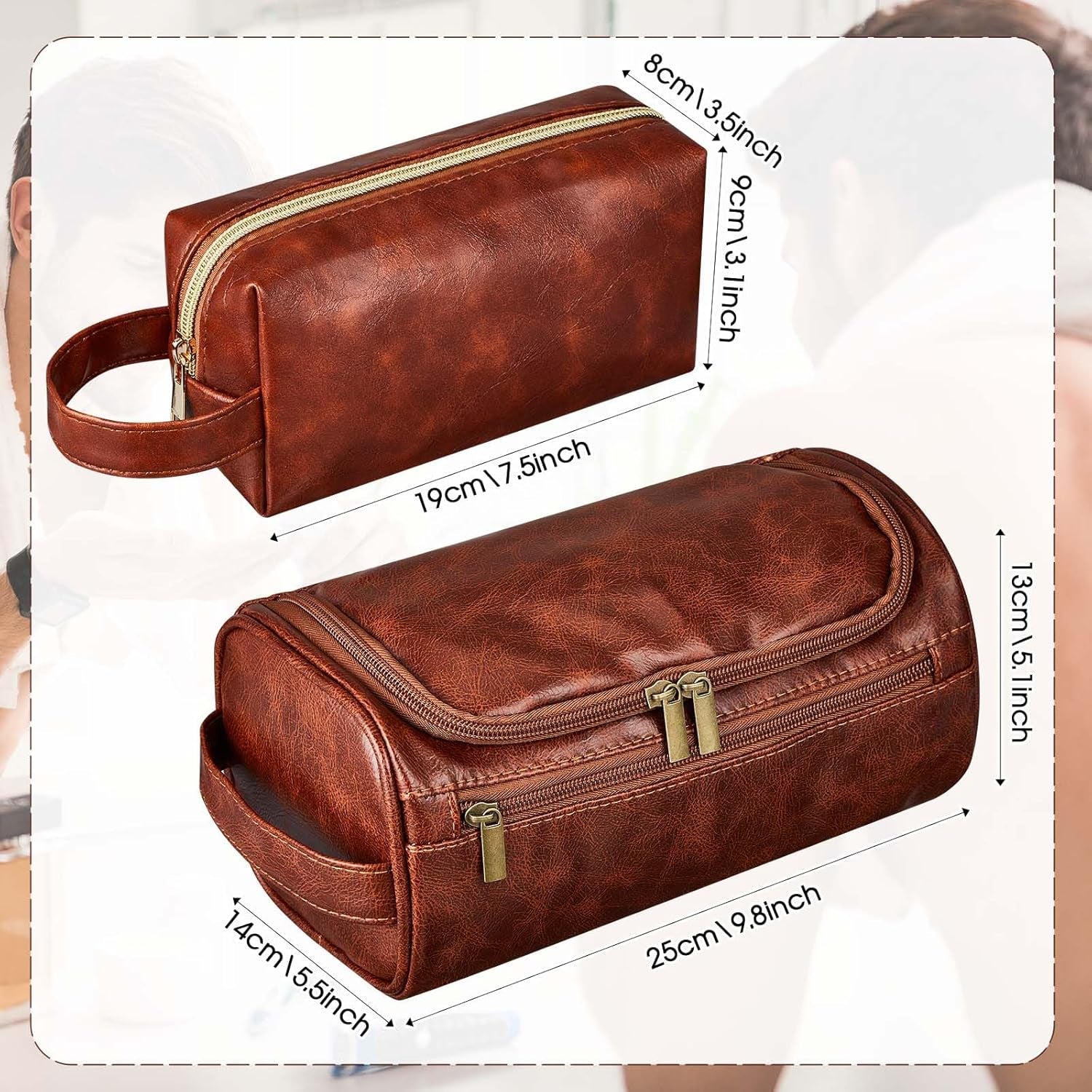 2 Pcs Leather Toiletry Bag for Men Christmas Men'S Gifts Travel Organizer Kit Bathroom Bag with Handle Water Resistant Shaving Bags for Christmas Father'S Day, Anniversary, 2 Sizes