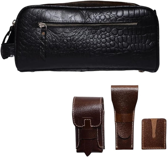 Premium Buffalo Leather Unisex Toiletry Bag Travel Dopp Kit (King Size )Shaving Kit Accessories :Shaving Brush Case , Razor Protective Travel Case ( Combo of 4 Items) (Crocodile Print) (Croco Black)