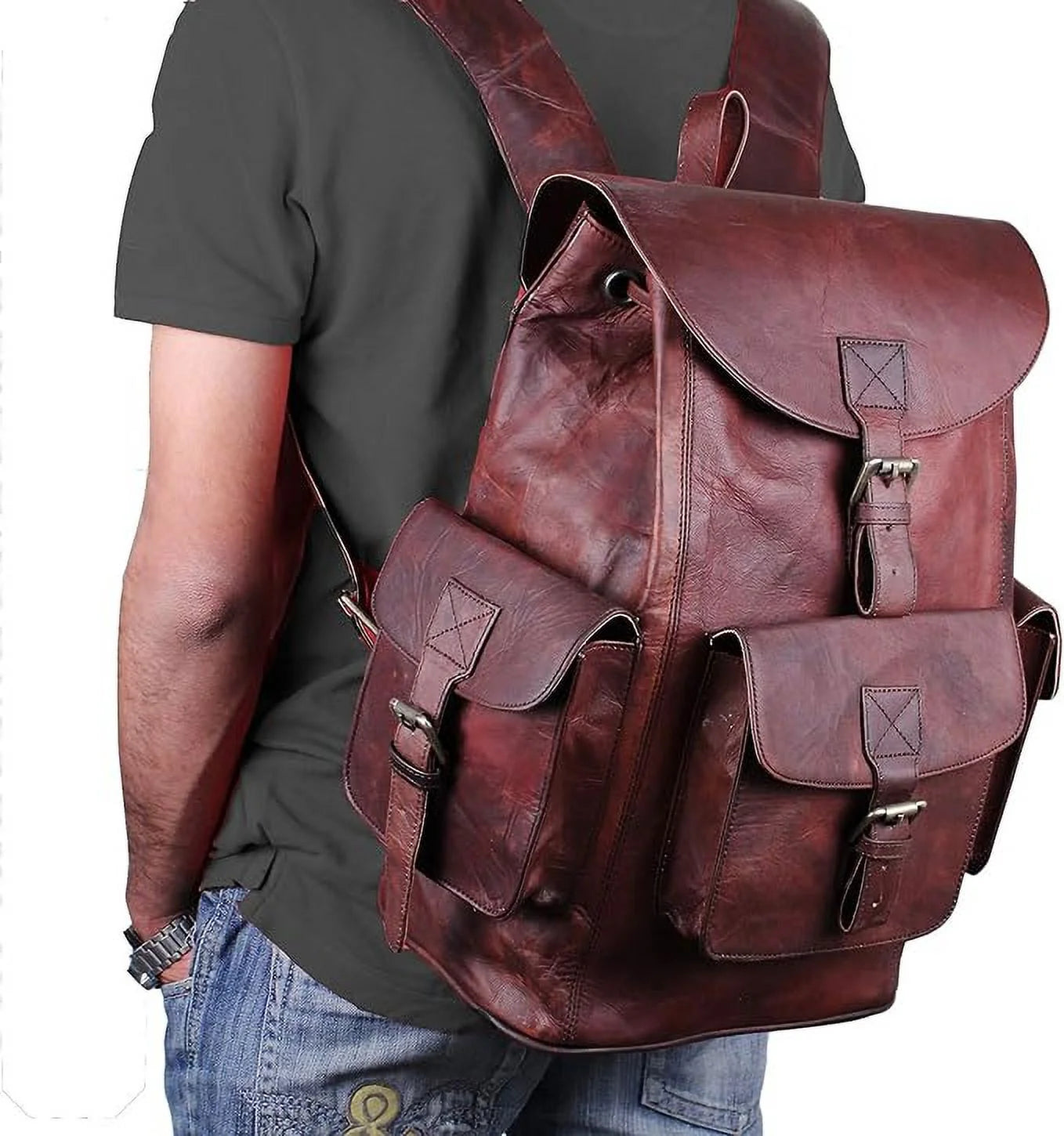 Vintage Genuine Leather Backpack for Men and Women Men’S Retro Classic Shoulder Rucksack Leather Travel Bags for College