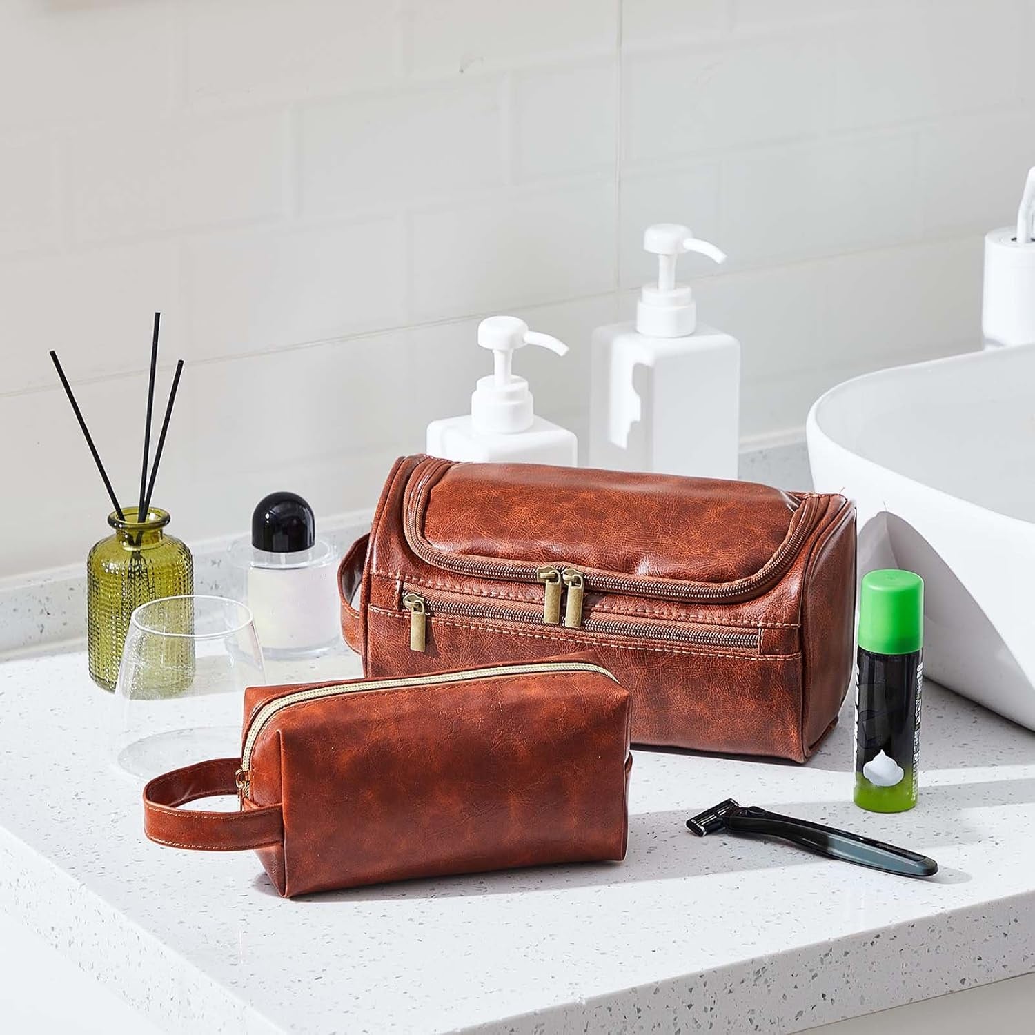 2 Pcs Leather Toiletry Bag for Men Christmas Men'S Gifts Travel Organizer Kit Bathroom Bag with Handle Water Resistant Shaving Bags for Christmas Father'S Day, Anniversary, 2 Sizes