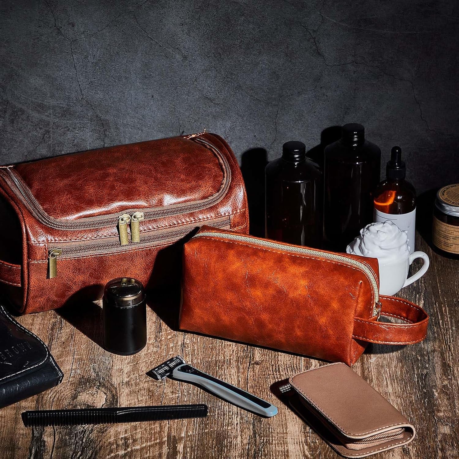 2 Pcs Leather Toiletry Bag for Men Christmas Men'S Gifts Travel Organizer Kit Bathroom Bag with Handle Water Resistant Shaving Bags for Christmas Father'S Day, Anniversary, 2 Sizes