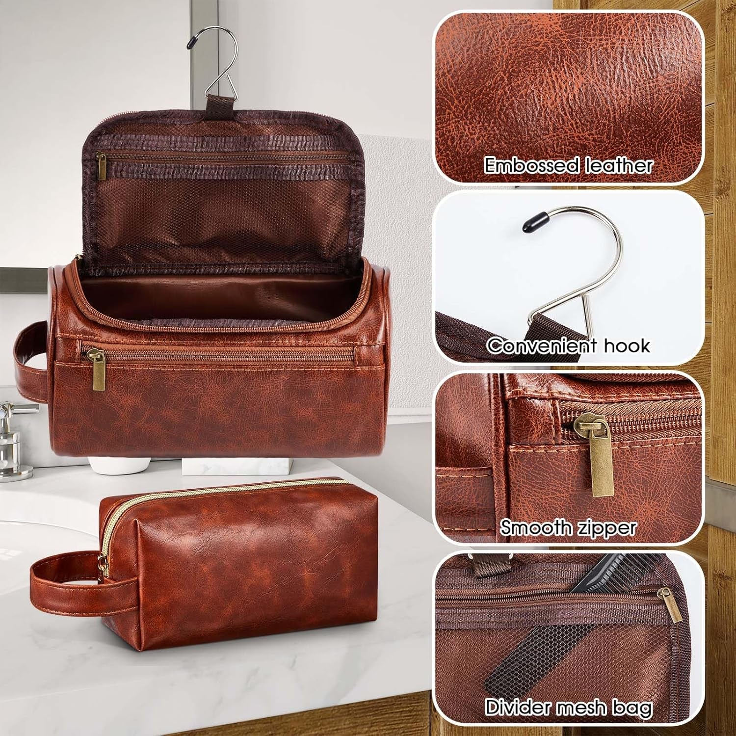 2 Pcs Leather Toiletry Bag for Men Christmas Men'S Gifts Travel Organizer Kit Bathroom Bag with Handle Water Resistant Shaving Bags for Christmas Father'S Day, Anniversary, 2 Sizes