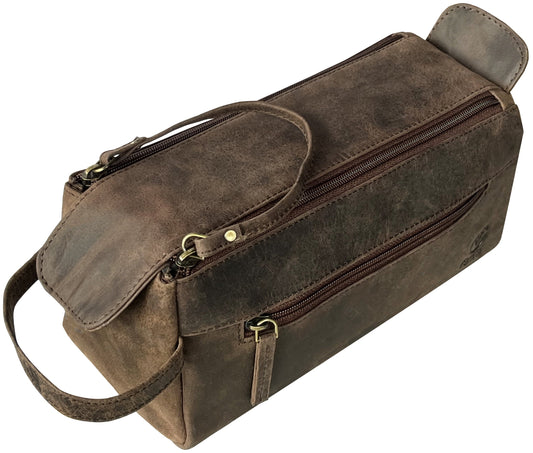Leather Toiletry Bag for Men Women Travel Dopp Kit Bathroom Shower Hygiene Bag Makeup Cosmetic Organizer Gift for Him Her by , Dark Brown