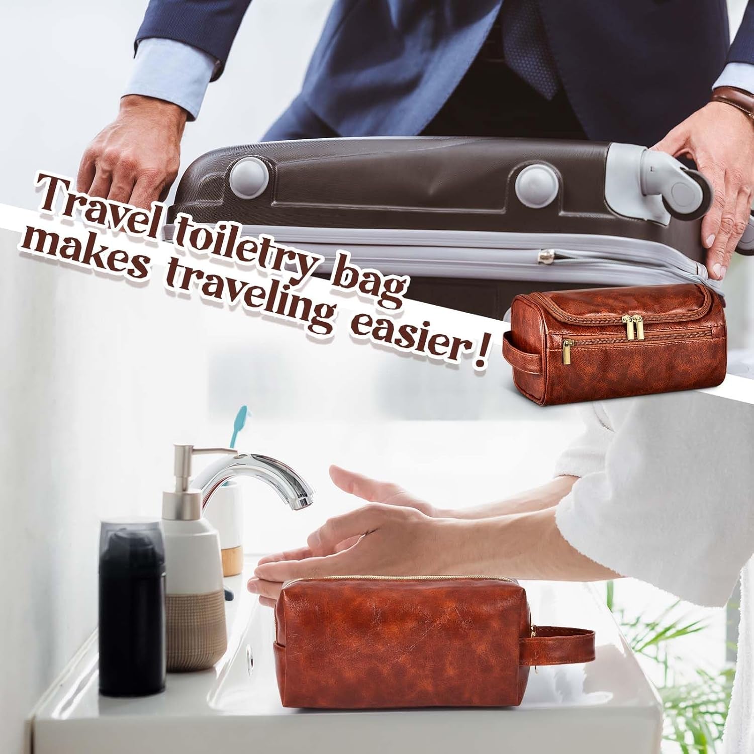 2 Pcs Leather Toiletry Bag for Men Christmas Men'S Gifts Travel Organizer Kit Bathroom Bag with Handle Water Resistant Shaving Bags for Christmas Father'S Day, Anniversary, 2 Sizes