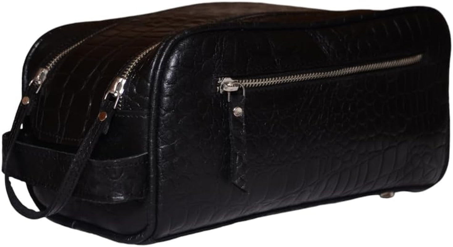 Premium Buffalo Leather Unisex Toiletry Bag Travel Dopp Kit (King Size )Shaving Kit Accessories :Shaving Brush Case , Razor Protective Travel Case ( Combo of 4 Items) (Crocodile Print) (Croco Black)