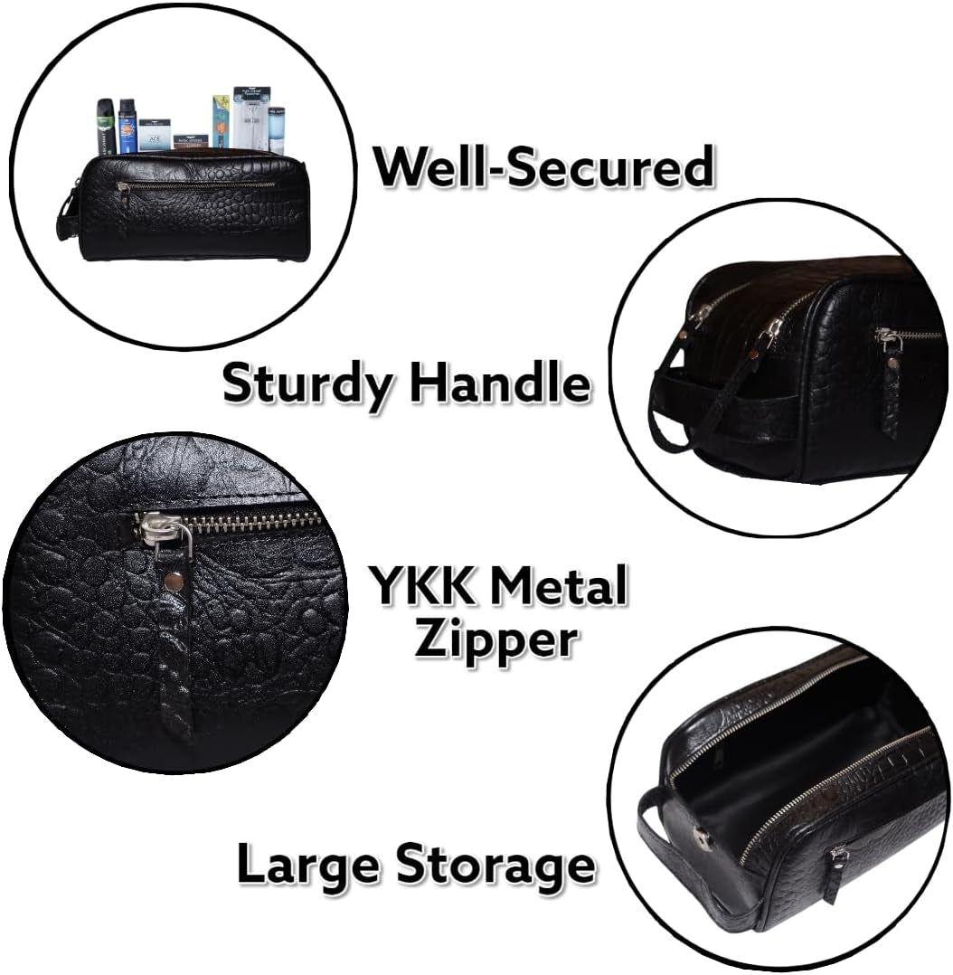 Premium Buffalo Leather Unisex Toiletry Bag Travel Dopp Kit (King Size )Shaving Kit Accessories :Shaving Brush Case , Razor Protective Travel Case ( Combo of 4 Items) (Crocodile Print) (Croco Black)
