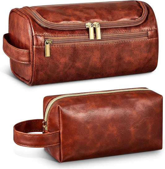 2 Pcs Leather Toiletry Bag for Men Christmas Men'S Gifts Travel Organizer Kit Bathroom Bag with Handle Water Resistant Shaving Bags for Christmas Father'S Day, Anniversary, 2 Sizes