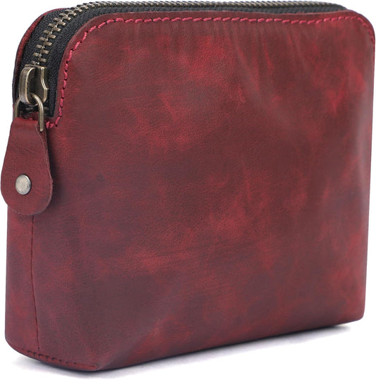 Genuine Leather Cosmetic Case for Women Handmade (Wine Red) Small Makeup Bag for Purse Zipper Pouch - Makeup Essentials Organiser Mini Cosmetic Bag for Purse, Cosmetic Case Makeup Holder Bag