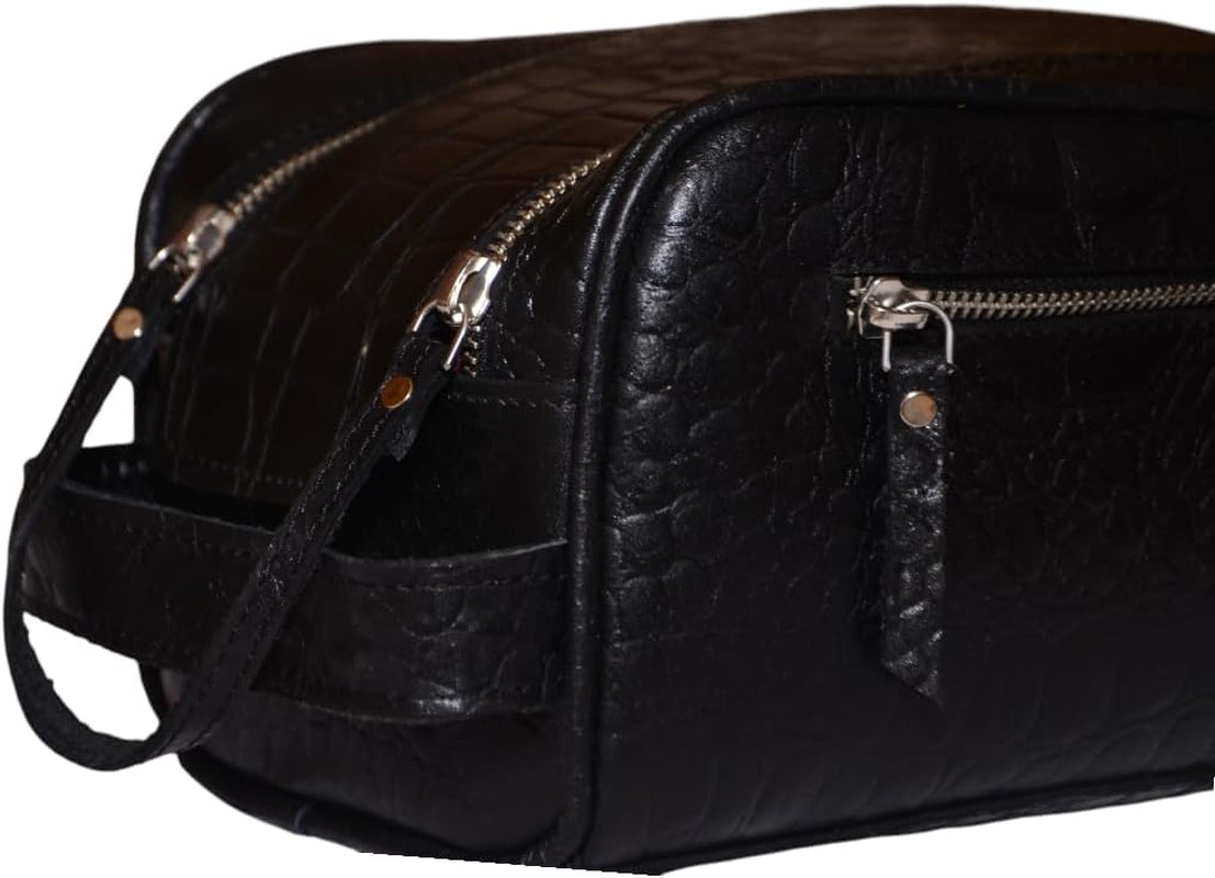Premium Buffalo Leather Unisex Toiletry Bag Travel Dopp Kit (King Size )Shaving Kit Accessories :Shaving Brush Case , Razor Protective Travel Case ( Combo of 4 Items) (Crocodile Print) (Croco Black)